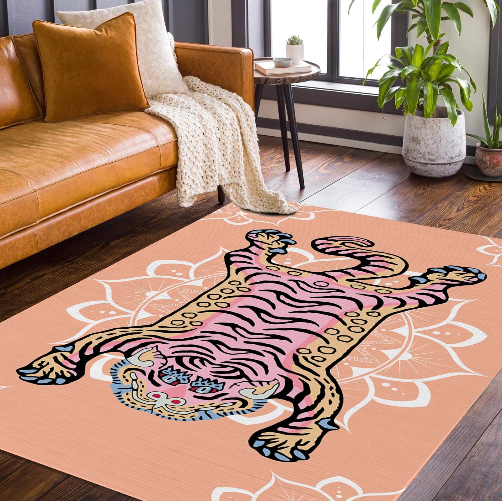 ALUXELOOM Tiger Runner, Tibetan Tiger Area Rug, 2x3 ft Animal Printed Area Rug, Colorful Moroccan Rug, Machine Washable Carpet with Nonslip Backing for Bedroom, Bathroom, Living Room, Funky Carpet