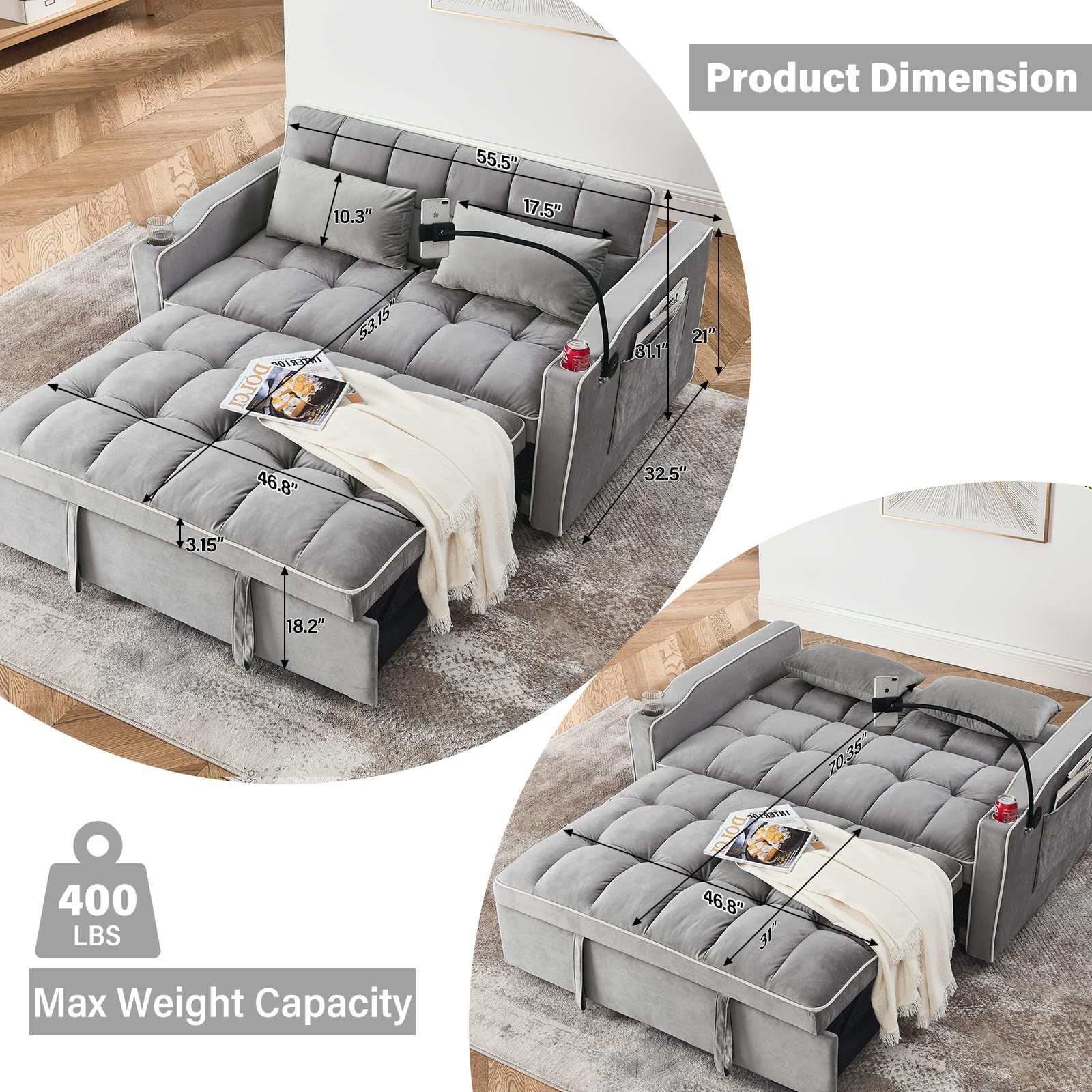 3 in 1 Sleeper Sofa Couch Bed,Velvet Convertible Loveseat Sleeper Sofa Bed,Pull Out Sofa Bed With USB Port & Ashtray and Swivel Phone Stand & Storage Pockets,Modern Sleeper Sofa for Living Room,Gray