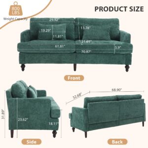 RXRRXY 69” Modern Chenille Loveseat Sofa Couch, Upholstered 2 Seat Love Seat Couch, Deep Seat Small Couch with 2 Pillows and Sturdy Wood Legs for Living Room, Bedroom, Apartment (Emerald)