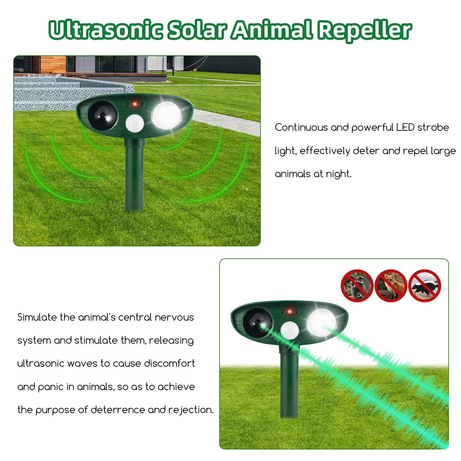 2024 Upgraded Solar Animal Repeller with Motion Sensor Ultrasonic Cat Repellent Outdoor Coyote Deterrent Solar Deer Repellent Devices to Scare Squirrel Raccoon Rabbit Skunk Repellent for Yard (2)