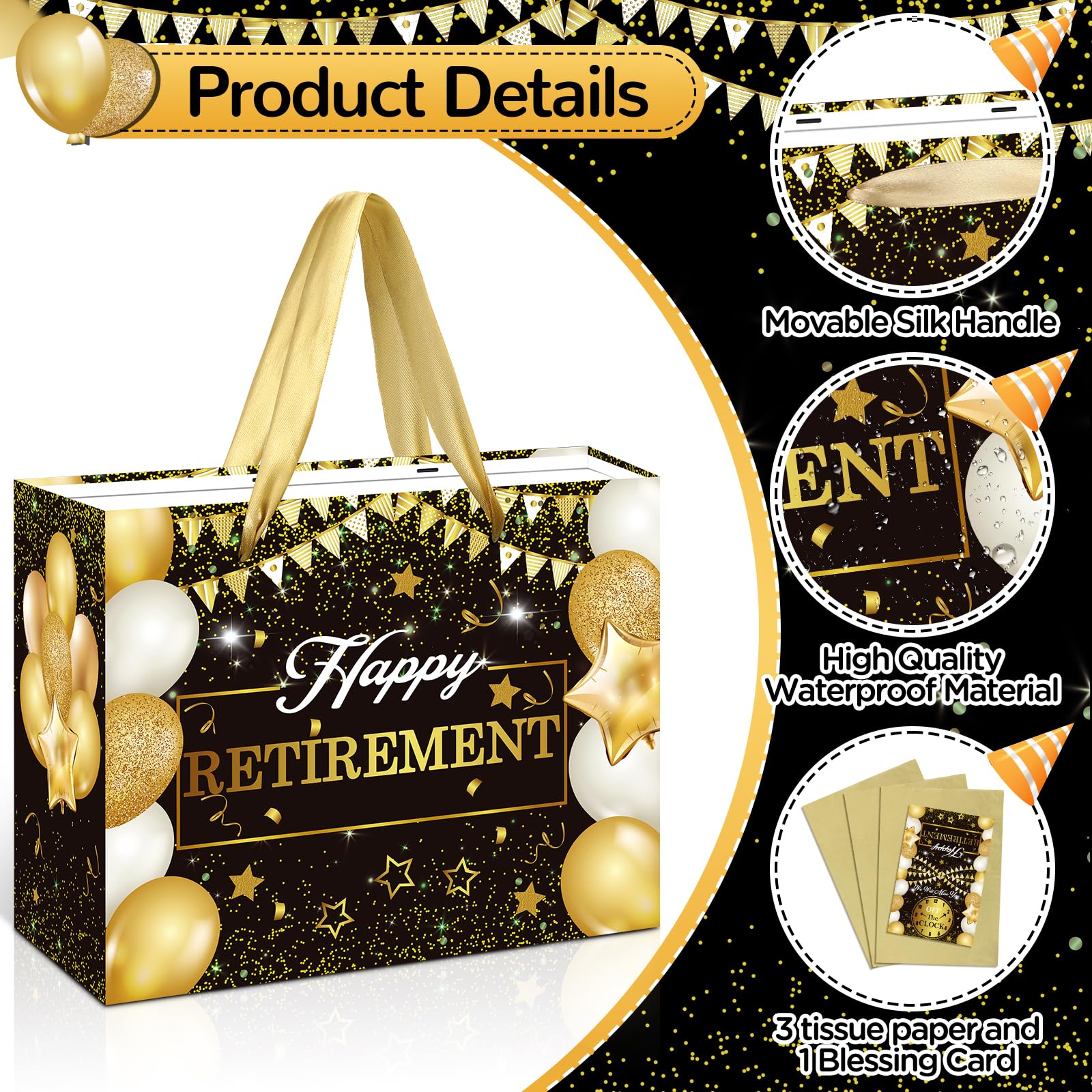 Retirement Gift Bag with Tissue Paper Set Large Black and Gold Happy Retirement Wrapping Gift Bag and Greeting Card for Men Women Office Coworker Farewell Going Away Party Favors Wrap Bags Supplies