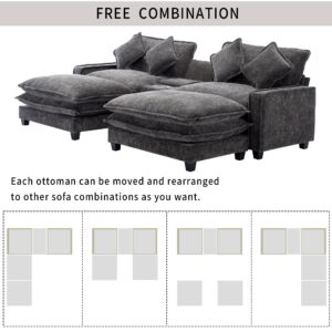 Merax Sectional Sofa Chenille Upholstered with 2 Removable Ottoman, 2 USB Ports, 2 Cup Holders Large Storage Box for Living Room, 112.6", Black