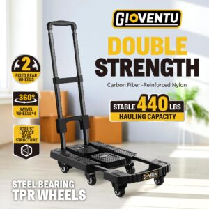 𝟐𝟎𝟐𝟒 𝐔𝐩𝐠𝐫𝐚𝐝𝐞𝐝 Hand Truck Dolly for Moving (440LB), Folding Dolly Cart with 6 TPR Wheels and 90° Lockable Handle, Portable Luggage Cart Platform Truck for Travel, Office Use etc