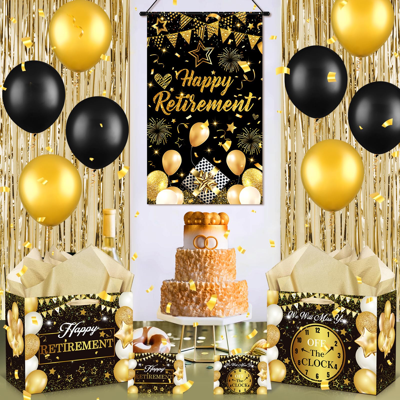 Retirement Gift Bag with Tissue Paper Set Large Black and Gold Happy Retirement Wrapping Gift Bag and Greeting Card for Men Women Office Coworker Farewell Going Away Party Favors Wrap Bags Supplies