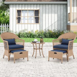 ECOTOUGE 5-Piece Patio Furniture Set, Outdoor Wicker Conversation Bistro Set with Glass Tempered Coffee Table, 2 Rattan Curved Armchairs, 2 Footrests for Porch, Backyard, Balcony, Blue