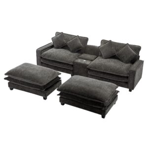 Merax Sectional Sofa Chenille Upholstered with 2 Removable Ottoman, 2 USB Ports, 2 Cup Holders Large Storage Box for Living Room, 112.6", Black