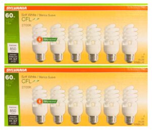 ledvance (12 bulbs) sylvania cfl t2 twist light bulb, 2700k soft white, 60 watt equivalent, efficient 13 watts, 850 lumens, medium base - 12 pack compact fluorescent