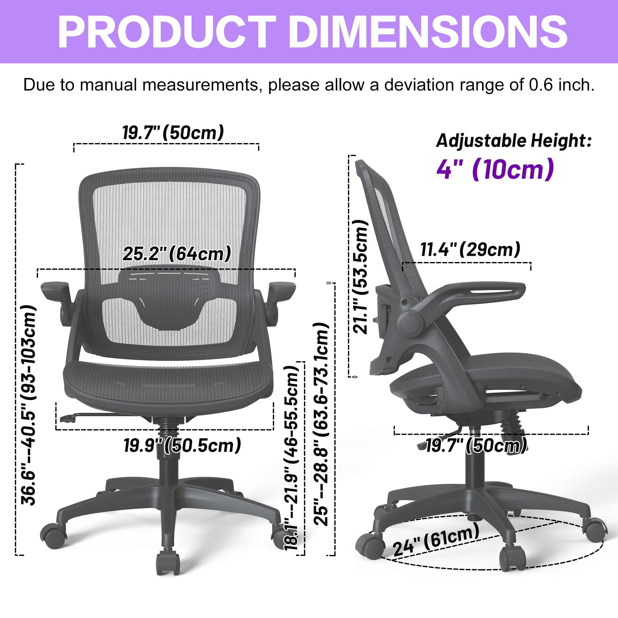 Ergonomic Mesh Seat Home Office Computer Desk Chair Height Adjustable Lumbar Support with Flip Up Arms Swivel Wheels for Adult