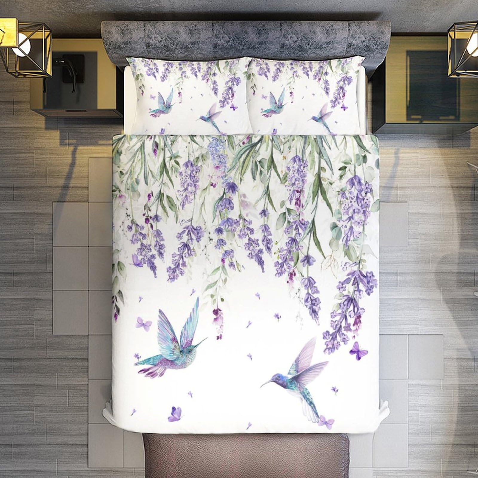 GDSCCLGX Rustic Spring Lavender Hummingbird Duvet Cover Set 3 Piece Queen Size,1 Modern Minimalist Art Vine Purple Garden Lavender Butterfly Duvet Cover&2 Pillowcases(No Insert)