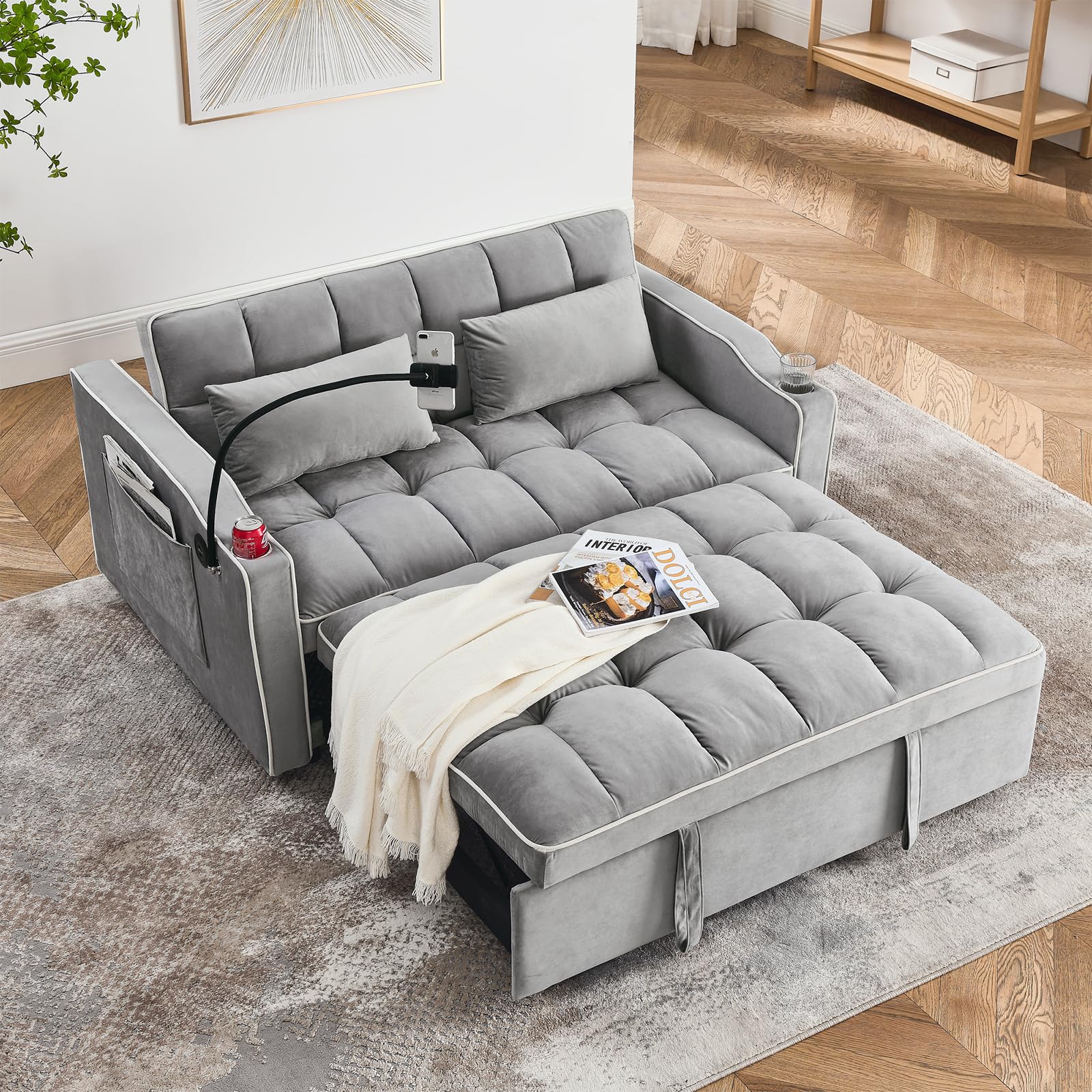 3 in 1 Sleeper Sofa Couch Bed,Velvet Convertible Loveseat Sleeper Sofa Bed,Pull Out Sofa Bed With USB Port & Ashtray and Swivel Phone Stand & Storage Pockets,Modern Sleeper Sofa for Living Room,Gray