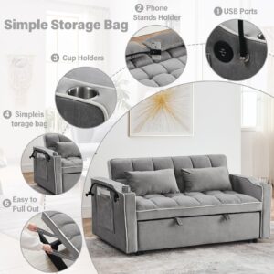 3 in 1 Sleeper Sofa Couch Bed,Velvet Convertible Loveseat Sleeper Sofa Bed,Pull Out Sofa Bed With USB Port & Ashtray and Swivel Phone Stand & Storage Pockets,Modern Sleeper Sofa for Living Room,Gray