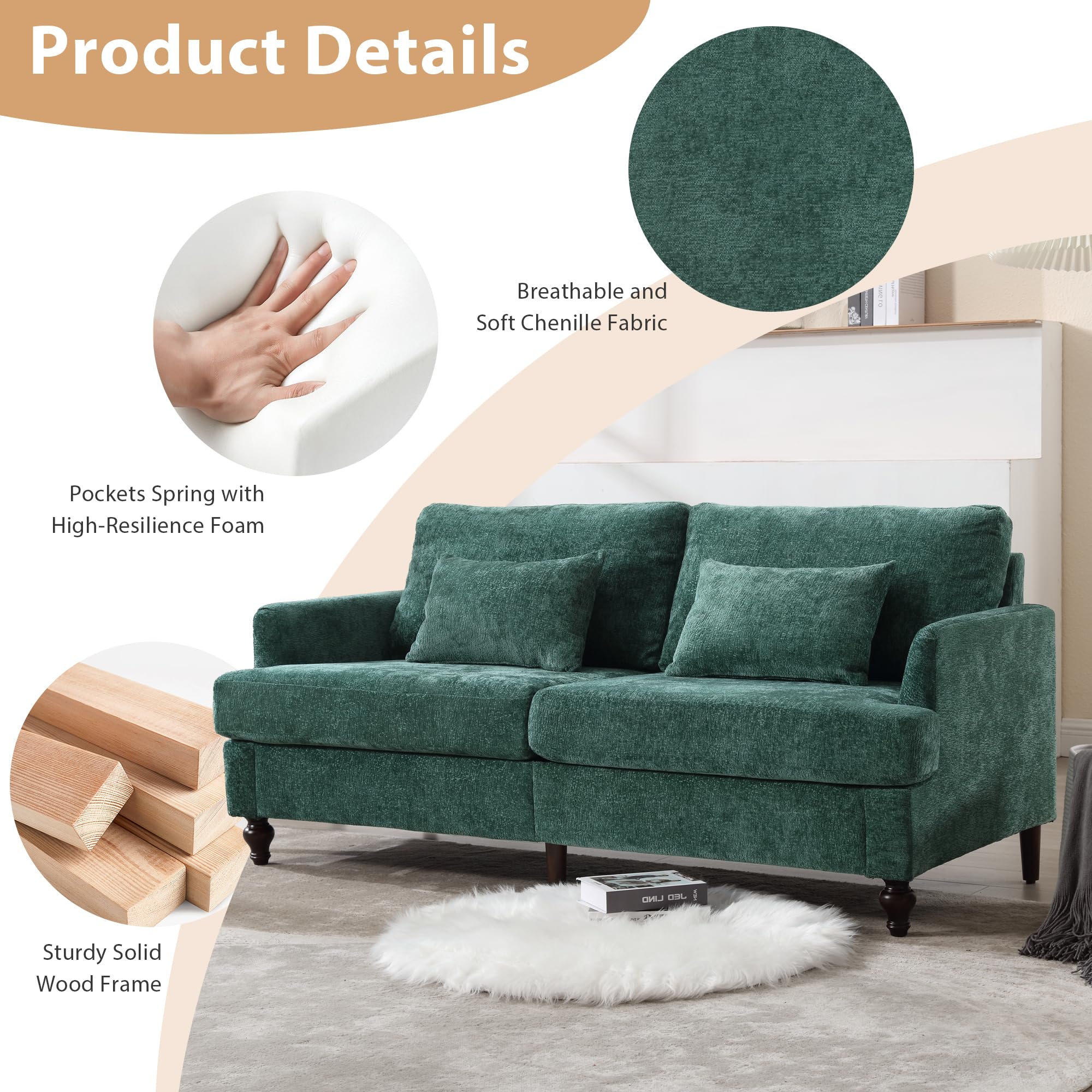 RXRRXY 69” Modern Chenille Loveseat Sofa Couch, Upholstered 2 Seat Love Seat Couch, Deep Seat Small Couch with 2 Pillows and Sturdy Wood Legs for Living Room, Bedroom, Apartment (Emerald)