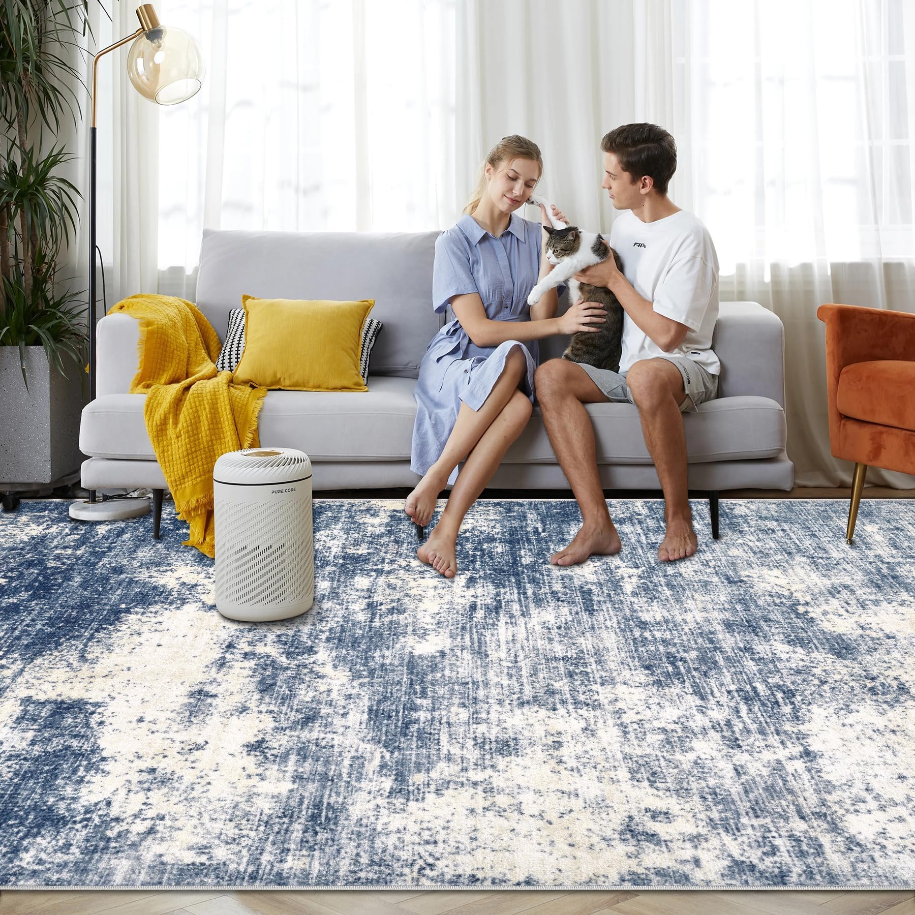 Area Rug Washable Rug 5x7: Modern Abstract Living Room Rug Anti-Slip Backing Stain Resistant Soft Indoor Carpet for Bedroom Kitchen Dining Room Table Home Office(Blue,5'x7')