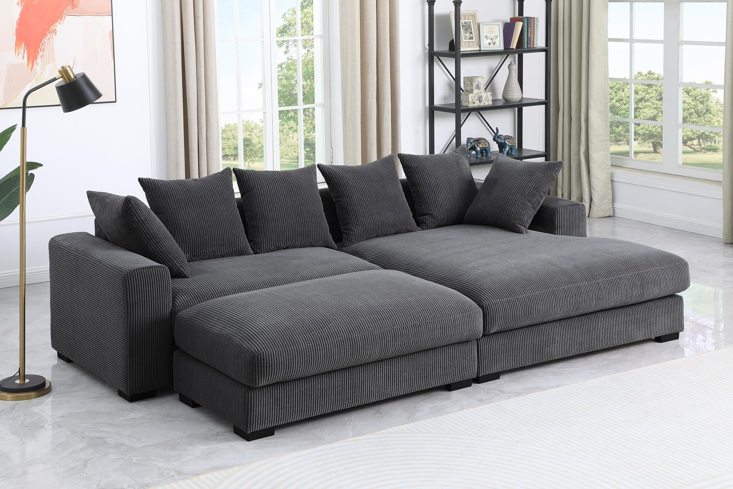 DREAMODERN 109.75'' Sectional Sofa Couch with Removable Ottoman, Luxury Upholstered Sofa Corduroy Fabric Couch with Chaise Lounge 6 Pillows for Living Room Home Office - Drak Gray