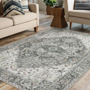 lanffia boho washable rugs 5x7 for living room,grey vintage tribal area rug for entryway office non slip,soft farmhouse aesthetic bedroom carpet home playroom decor