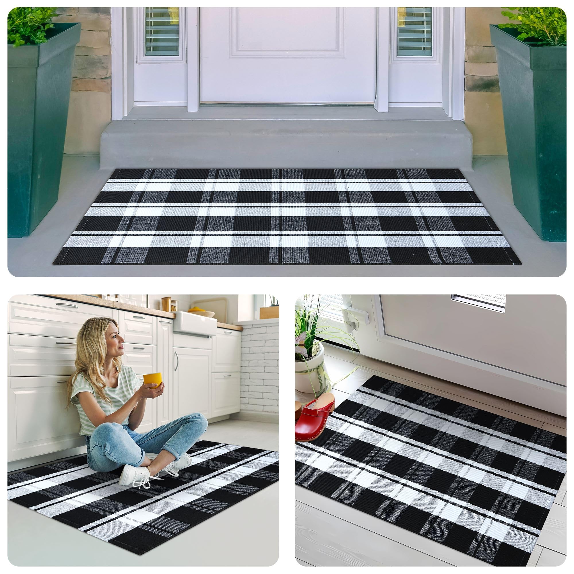 Ompaa Black and White Indoor Outdoor Rugs, 27.5x43 Inch Hand-Woven Cotton Buffalo Plaid Checkered Rug, Anti-Skid Layered Doormats, Machine Washable Front Porch Door Mats for Farmhouse Entryway Patio