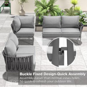 COMLAX FIELD Outdoor Patio Furniture, 6 Pieces Outdoor Sectional L-Shaped Sofa Patio Conversation Sets, Patio Furniture Set with Thick Cushions and Coffee Table for Garden, Poolside, Backyard, Grey