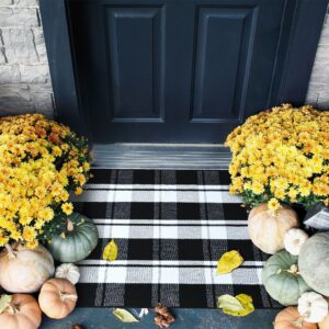 Ompaa Black and White Indoor Outdoor Rugs, 27.5x43 Inch Hand-Woven Cotton Buffalo Plaid Checkered Rug, Anti-Skid Layered Doormats, Machine Washable Front Porch Door Mats for Farmhouse Entryway Patio