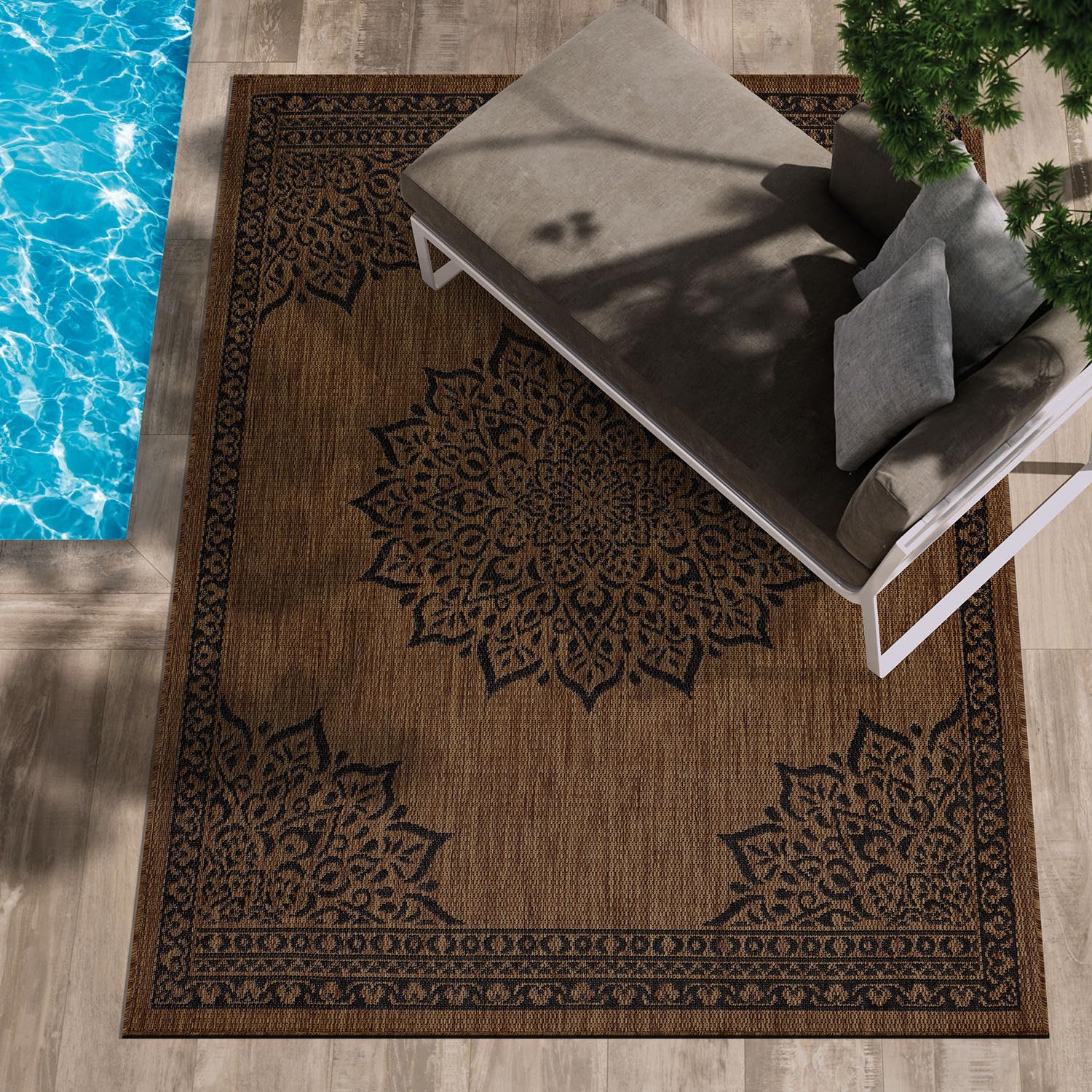 CAMILSON Indoor Outdoor Rug, 9x12 Medallion Nut Brown Black Modern Area Rugs for Large Indoor and Outdoor Patios, Kitchen and Hallway Mats, Washable Porch Deck Outside Carpet (Nut Brown Black, 9x12)