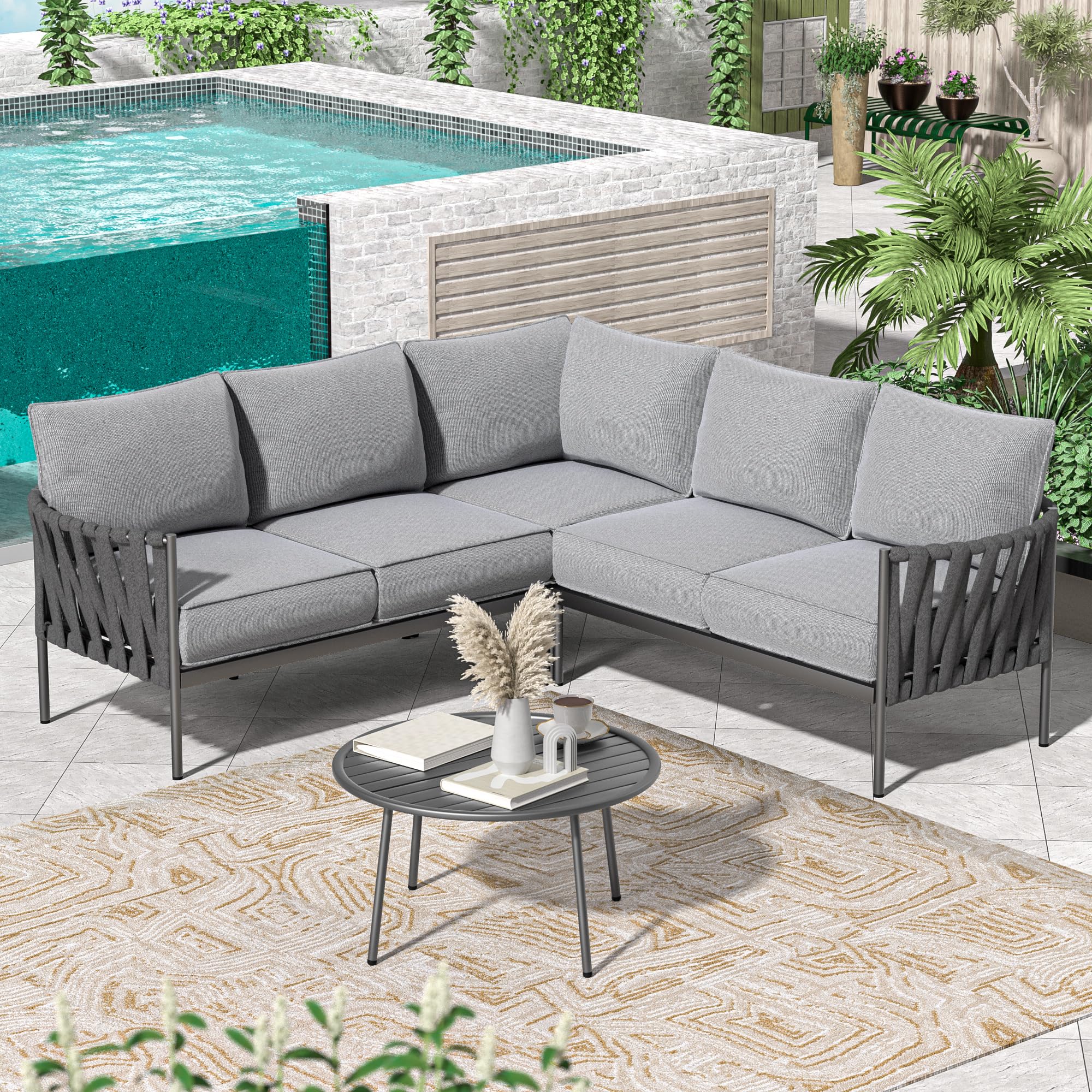 COMLAX FIELD Outdoor Patio Furniture, 6 Pieces Outdoor Sectional L-Shaped Sofa Patio Conversation Sets, Patio Furniture Set with Thick Cushions and Coffee Table for Garden, Poolside, Backyard, Grey