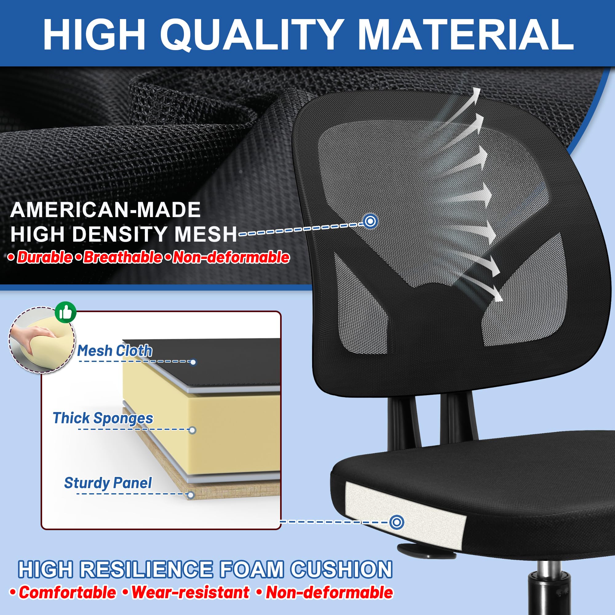 Armless Swivel Mesh Computer Office Desk Chair No Arms Height Adjustable with Lumber Support for Child and Adult