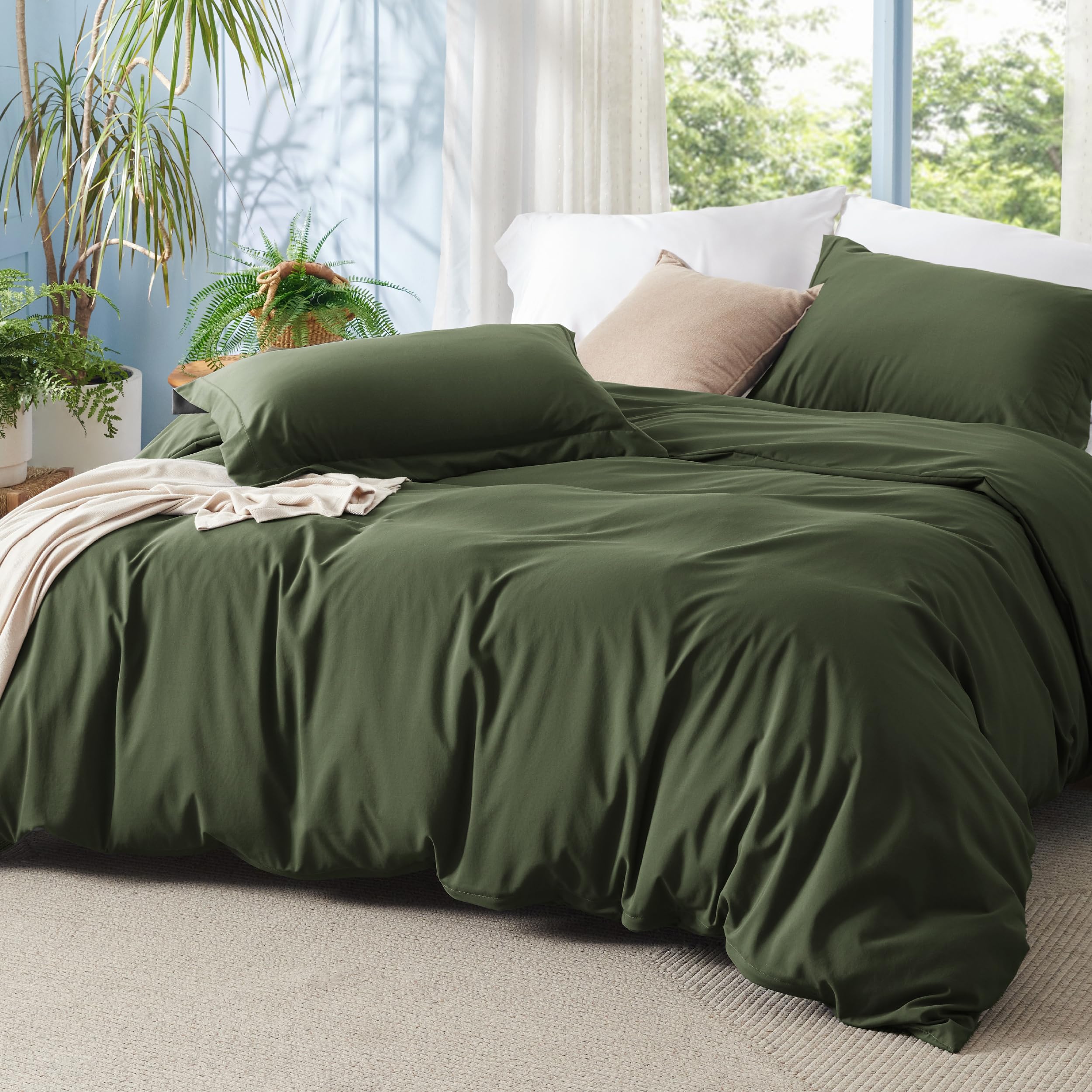 Bedsure Olive Green Duvet Cover King Size - Polyester & Rayon Derived from Bamboo Cooling King Duvet Cover Set, 3 Pieces, 1 Zipper Closure Duvet Cover (104"x90") & 2 Pillow Shams, No Comforter