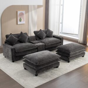 Merax Sectional Sofa Chenille Upholstered with 2 Removable Ottoman, 2 USB Ports, 2 Cup Holders Large Storage Box for Living Room, 112.6", Black