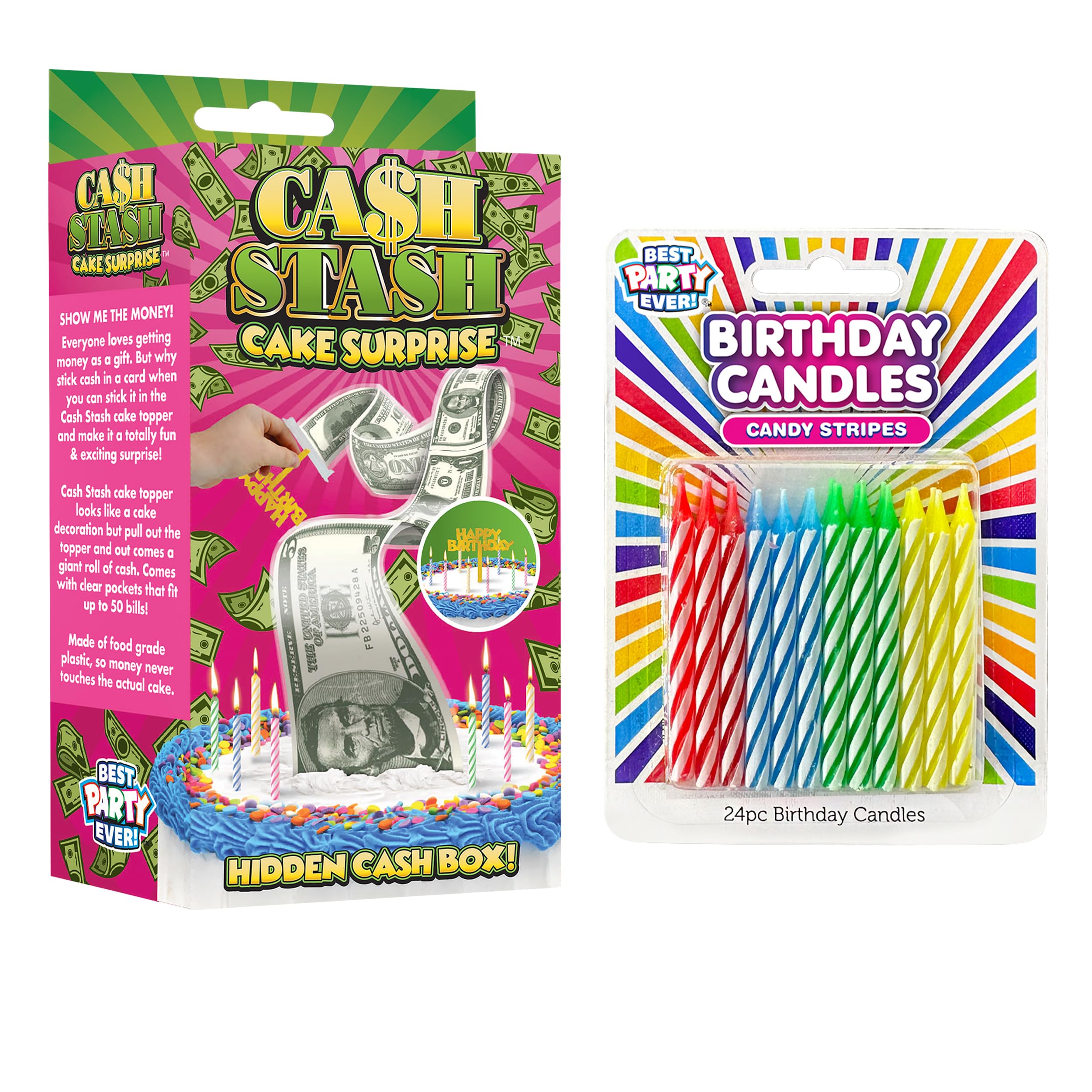 BEST PARTY EVER! Cash Stash Cake Surprise Candle Set, Pull Out Money Box for Birthday Cake with 24 Candles, Holds Up to 40+ Bills, Birthday Cake Topper