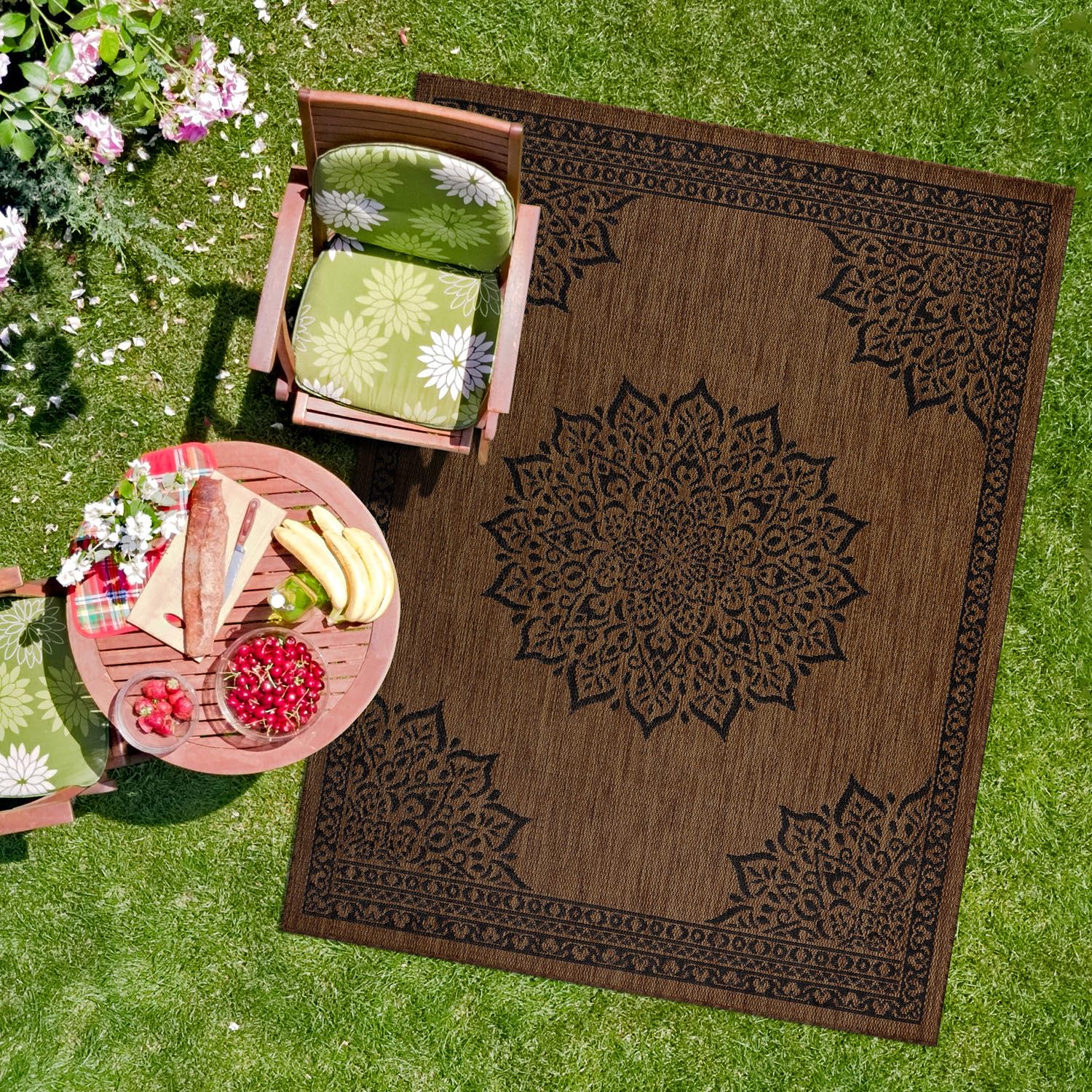 CAMILSON Indoor Outdoor Rug, 9x12 Medallion Nut Brown Black Modern Area Rugs for Large Indoor and Outdoor Patios, Kitchen and Hallway Mats, Washable Porch Deck Outside Carpet (Nut Brown Black, 9x12)