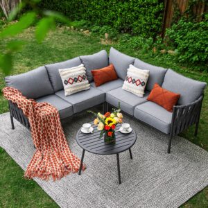 COMLAX FIELD Outdoor Patio Furniture, 6 Pieces Outdoor Sectional L-Shaped Sofa Patio Conversation Sets, Patio Furniture Set with Thick Cushions and Coffee Table for Garden, Poolside, Backyard, Grey