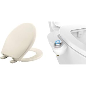 bemis affinity toilet seat and bidet bundle, slow close wood toilet seat with non-electric, easy to install slimglow bidet attachment, round, biscuit