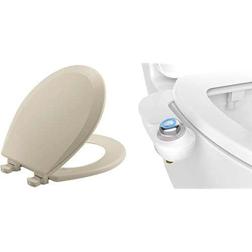 Church 540 Toilet Seat and Bidet Bundle, Easy Clean Wood Toilet Seat with Non-Electric, Easy to Install SlimGlow Bidet Attachment, Round, Bone