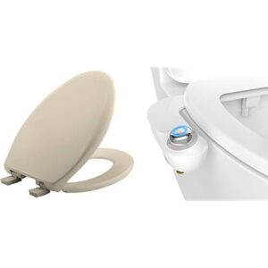 bemis affinity toilet seat and bidet bundle, slow close wood toilet seat with non-electric, easy to install slimglow bidet attachment, elongated, almond