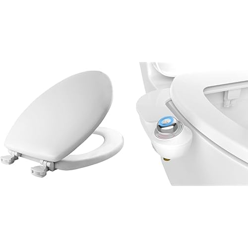 Mayfair Westport Toilet Seat and Bidet Bundle, Easy Clean Wood Toilet Seat with Non-Electric, Easy to Install SlimGlow Bidet Attachment, Elongated, White