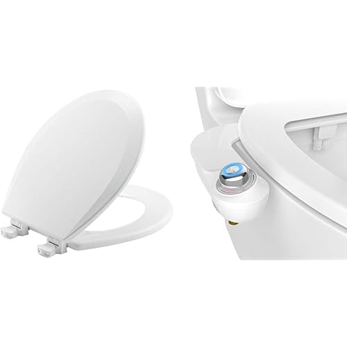 Bemis 500EC Toilet Seat and Bidet Bundle, Easy Clean Wood Toilet Seat with Non-Electric, Easy to Install SlimGlow Bidet Attachment, Round, Cotton White