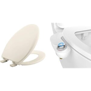 mayfair affinity toilet seat and bidet bundle, slow close wood toilet seat with non-electric, easy to install slimglow bidet attachment, elongated, biscuit