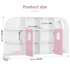 FACBOTALL Kids Bookshelf in The Shape of Truck, 3-Tier Toy Storage Organizer with Two Doors, Toddler Bookcase and Toy Storage for Living Room, Kindergarten, Playroom, Nursery, Pink and White