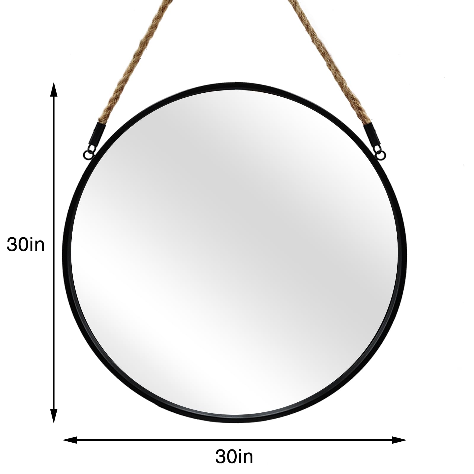 POZINO Large Round Hanging Mirror, Circle Wall Mirror with Rope, 30 Inch Black Frame Farmhouse Mirror for Bathroom Bedroom Living Room Entryway Home Decor