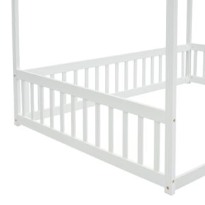 SOFTSEA Full Size Canopy Bed Frame, Floor Low Bed with Fence for Kids, Wood Bed Frame with Guardrails, No Box Spring Needed, Easy Assembly, Grey