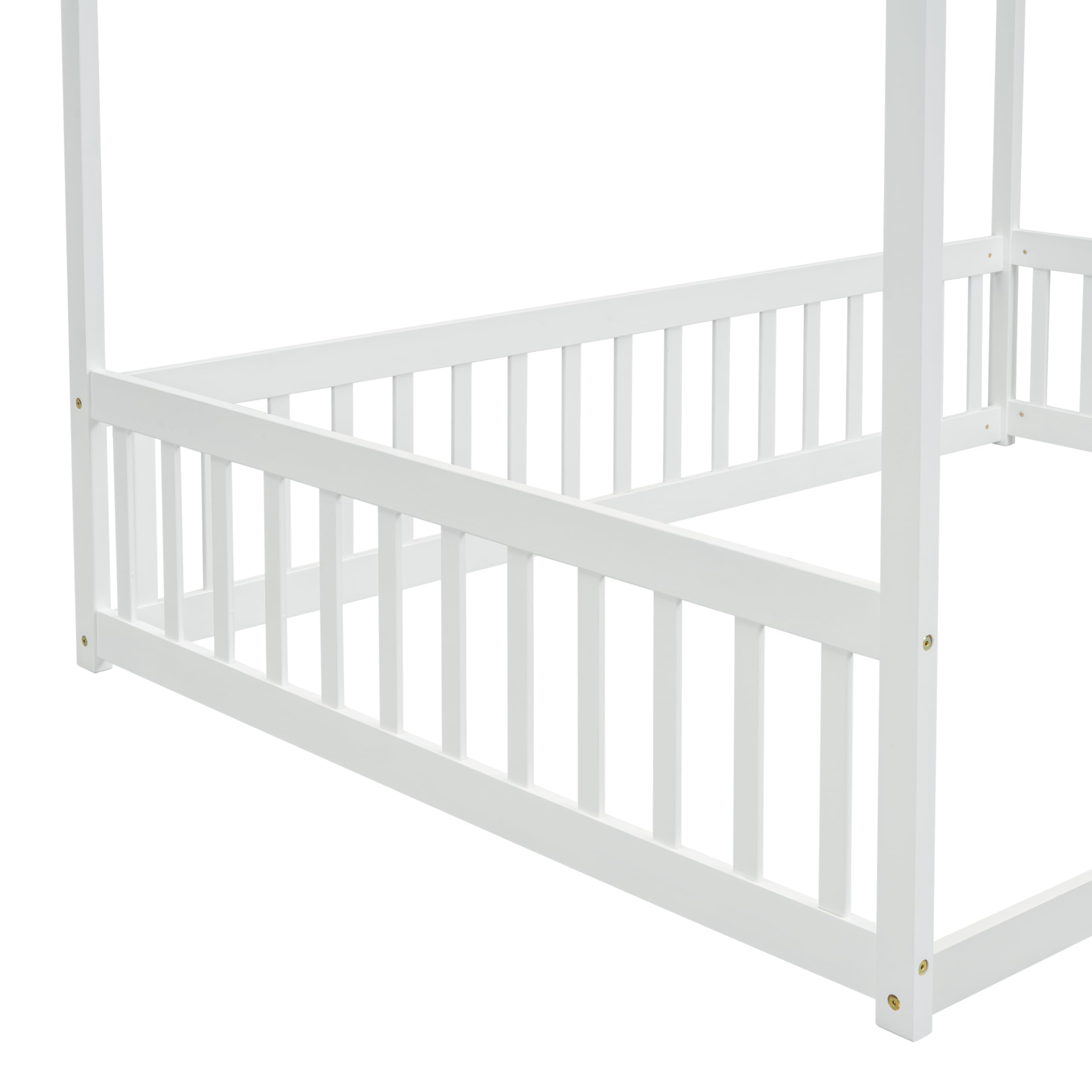 SOFTSEA Full Size Canopy Bed Frame, Floor Low Bed with Fence for Kids, Wood Bed Frame with Guardrails, No Box Spring Needed, Easy Assembly, Grey