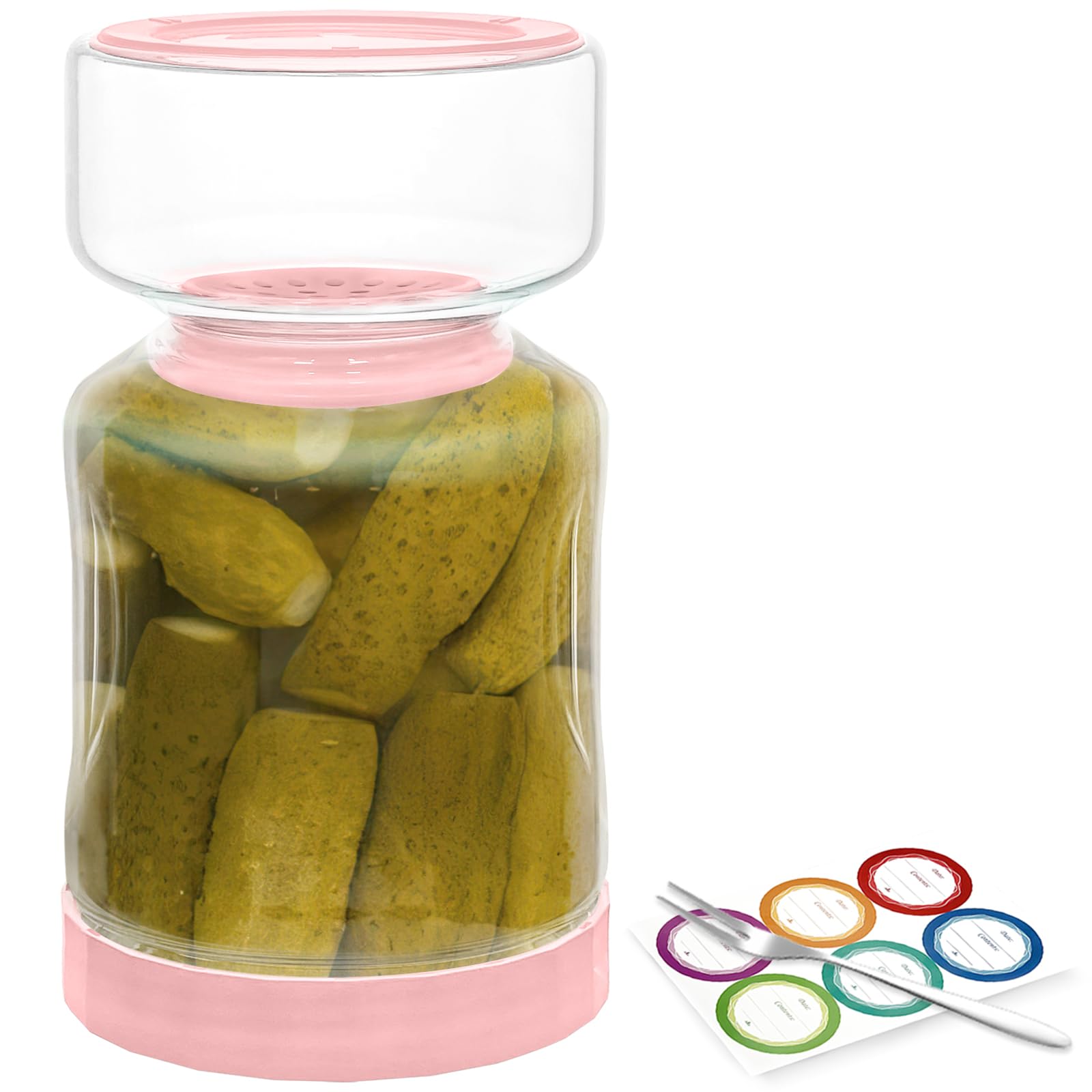 AiHeart Pickle Jar with Strainer Flip,51oz Pickle Jar,Pickle Container with Strainer,Airtight Hourglass Pickle Jar,For Dill Sliced Pickles Jalapeno,Olive(Pink)