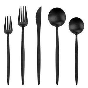 ollex 40-piece black silverware set for 8 stainless steel flatware set with knives forks and spoons utensil set, satin finish tableware cutlery set, dishwasher safe