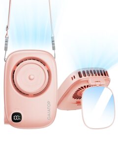 gaiatop neck fan rechargeable mini portable fan cute camera design, small desk fan with 360°rotate mirror, 3 speed usb handheld fan with led display, cooling personal lash fan travel essentials pink