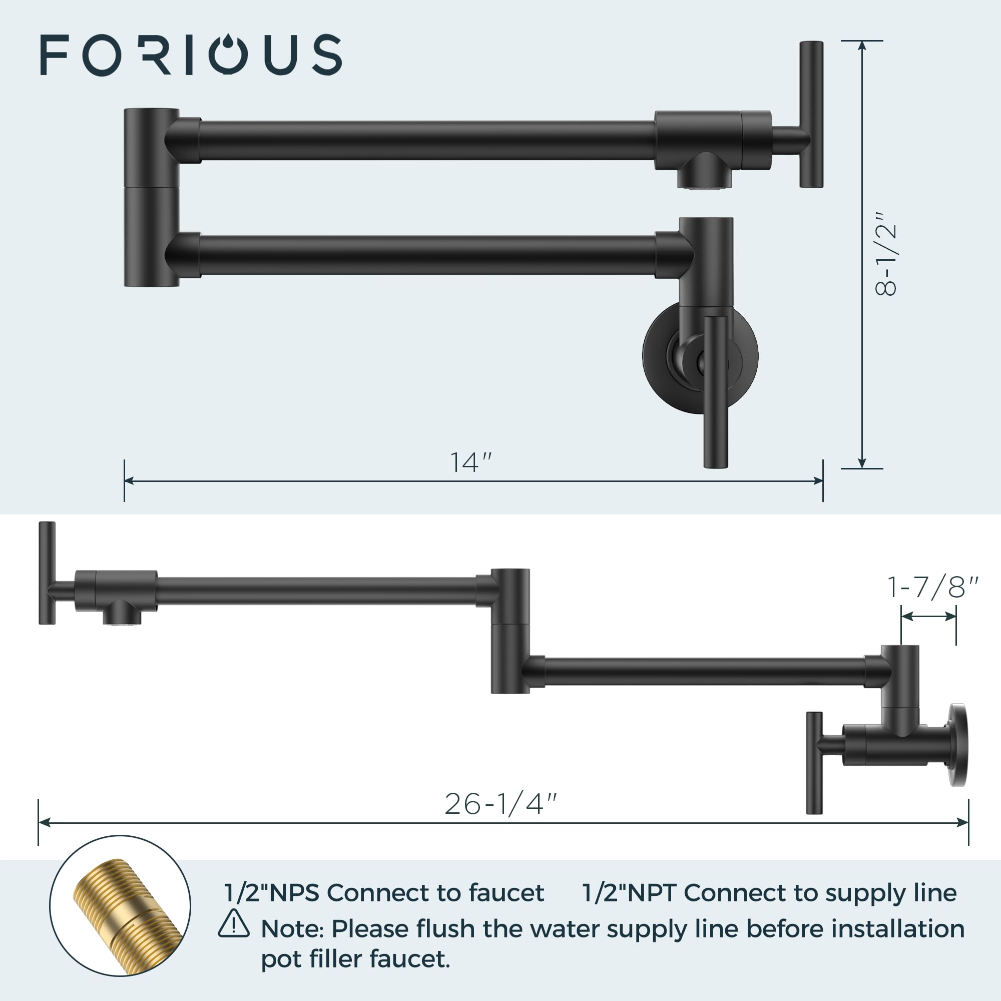 FORIOUS Pot Filler Faucet, Black Wall Mount Pot Filler Over Stove, Solid Brass Kitchen Sink Pot Filler Faucets, Commercial Kitchen Folding Faucet with Stretchable Double Joint Swing Arms, Matte Black