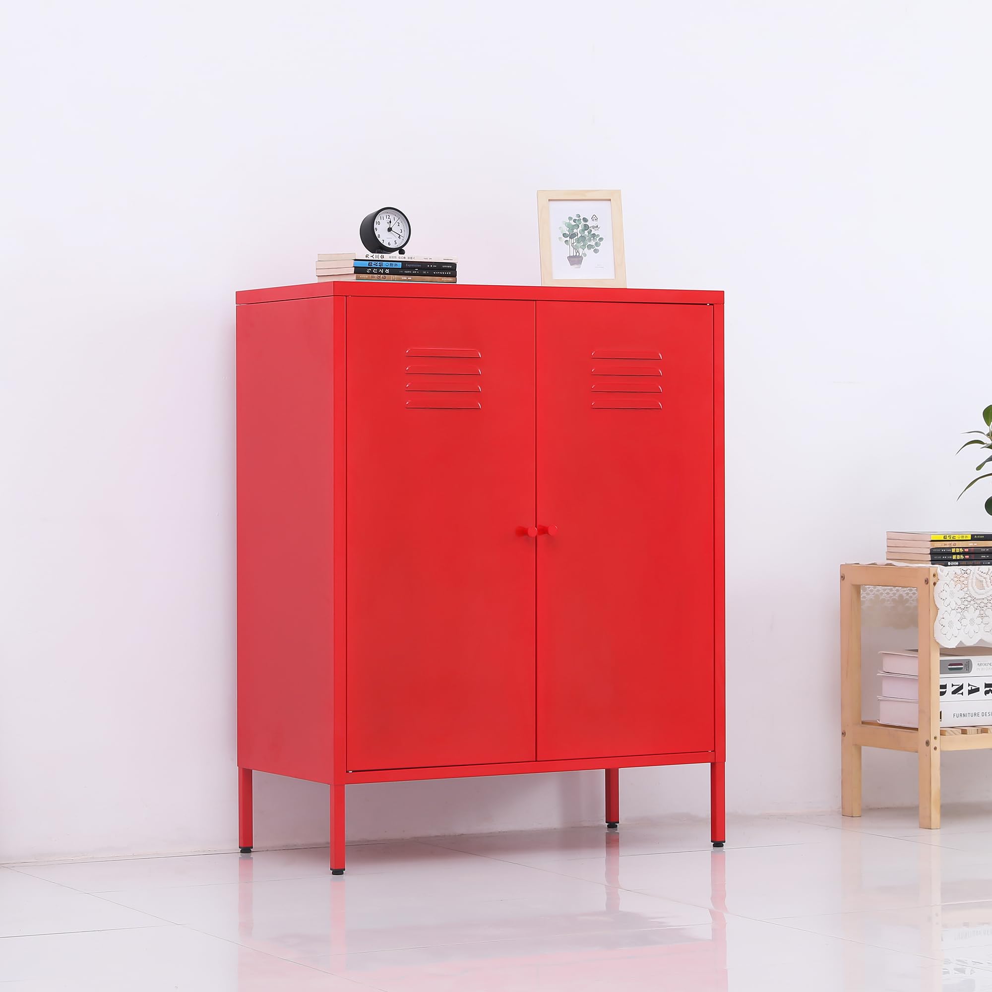 WISUNO Metal Accent Storage Cabinet for Bed Room,Living Room,Home,Hotel,Office,Garage,3-Tier,2 Removable Shelves (2 Metal Door H40.15'', Red)