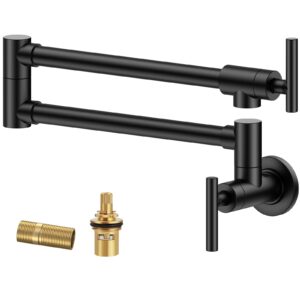 forious pot filler faucet, black wall mount pot filler over stove, solid brass kitchen sink pot filler faucets, commercial kitchen folding faucet with stretchable double joint swing arms, matte black