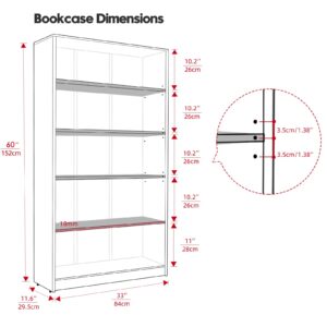 Farini 5-Shelf Bookshelf,Free Standing Bookcase for Home Office,White