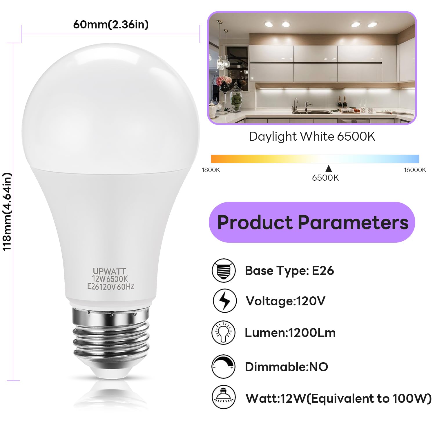 UPWATT LED Light Bulbs, A19 Daylight 6500K Light Bulb, 12W (100 Watt Equivalent) 1200 Lumens, Non-Dimmable, E26 Standard Medium Base Super Bright Lamp for Bathroom Home Lighting 4 Packs