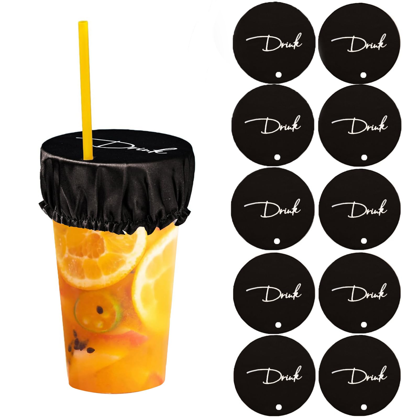 Hewomate Drink Covers for Alcohol Protection, Black 10 Pack Drink Protector for Women & Men, Reusable & Washable Fabric Wine Glass Cover with Straw Hole, Prevent Your Drinks from Being Spiked