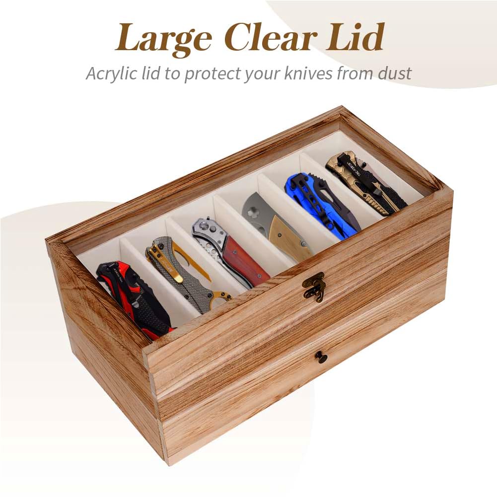 Fly2Top Knife Display Case for Pocket Knives: Wooden Pocket Knife Holder Organizer with Drawer for Folding Knife Butterfly Knives Collections Storage